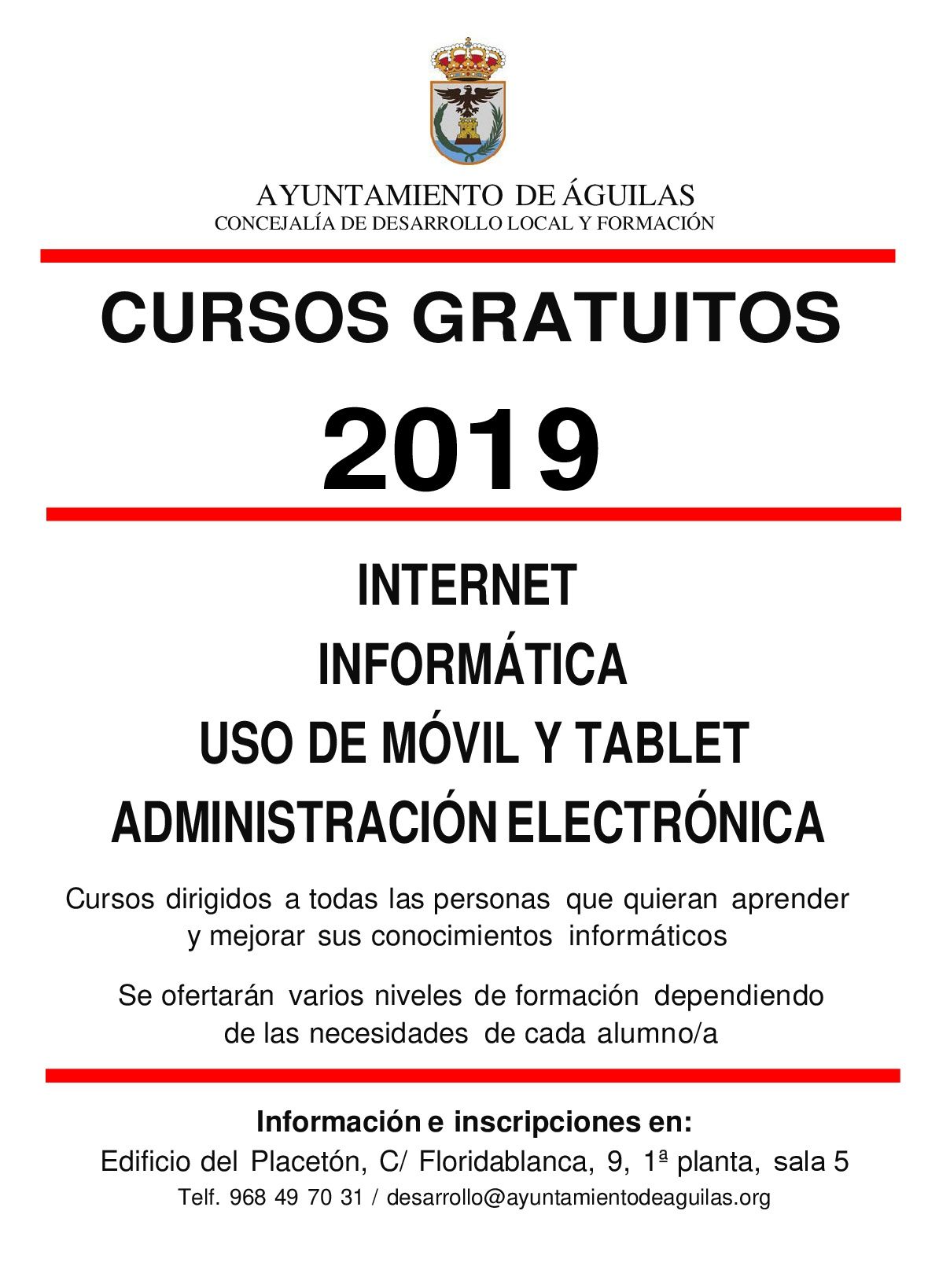 Abierto el plazo de inscripción en los cursos gratuitos de informática ofertados por la Concejalía de Desarrollo Local y Formación