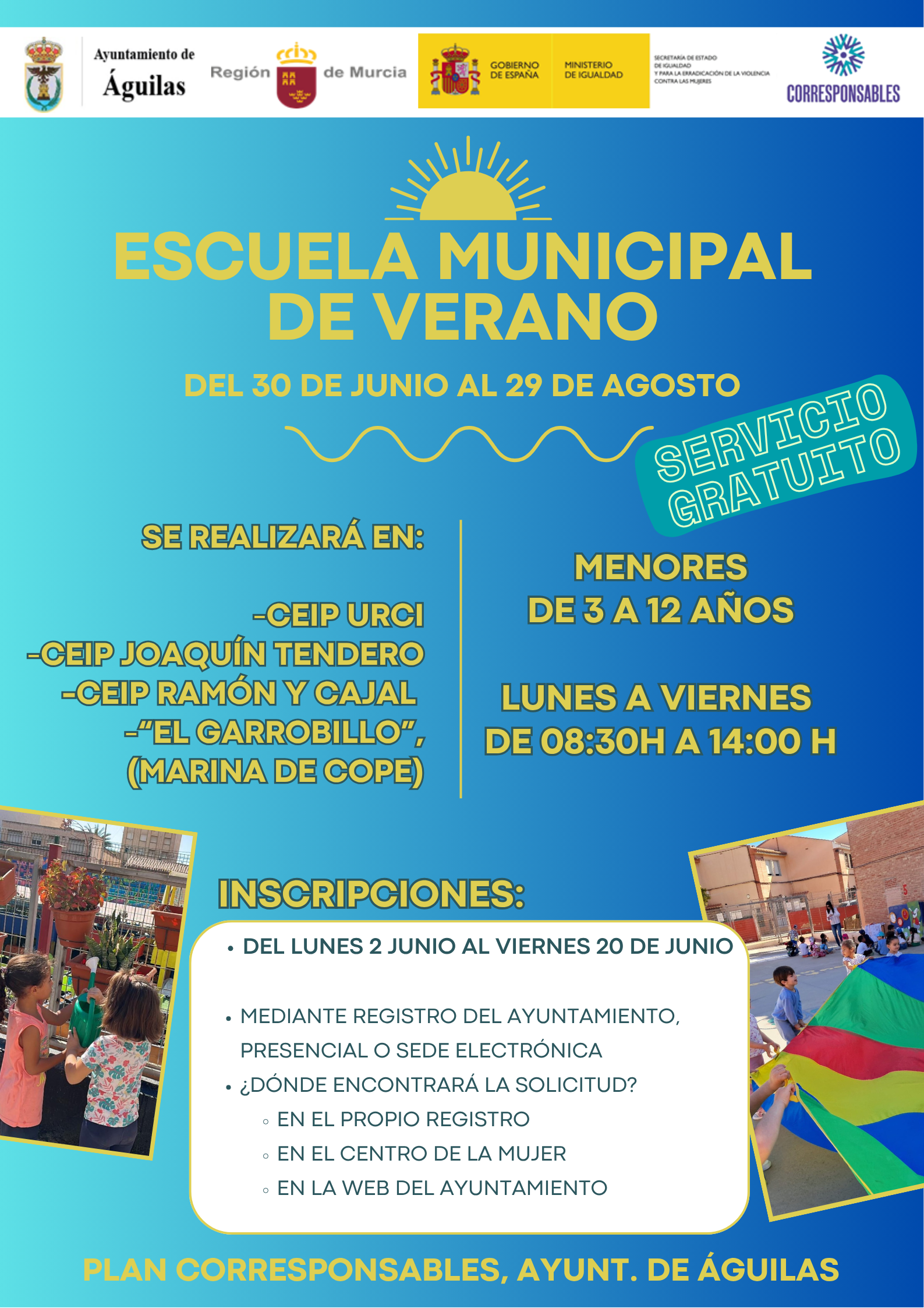 SOLICITUD DE PLAZA ESCUELA DE VERANO 2025 (JULIO Y AGOSTO) PLAN CORRESPONSABLES - ÁGUILAS.