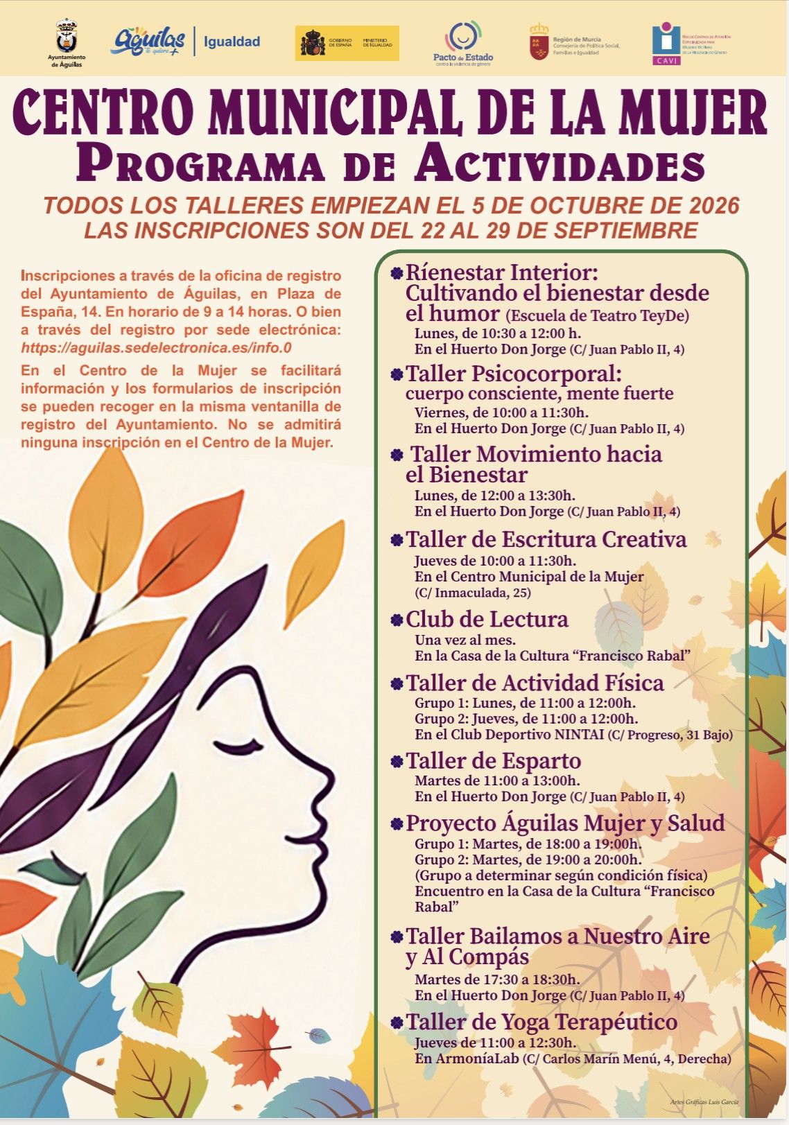 El Ayuntamiento de Águilas presenta la programación de talleres del Centro de la Mujer para el próximo trimestre