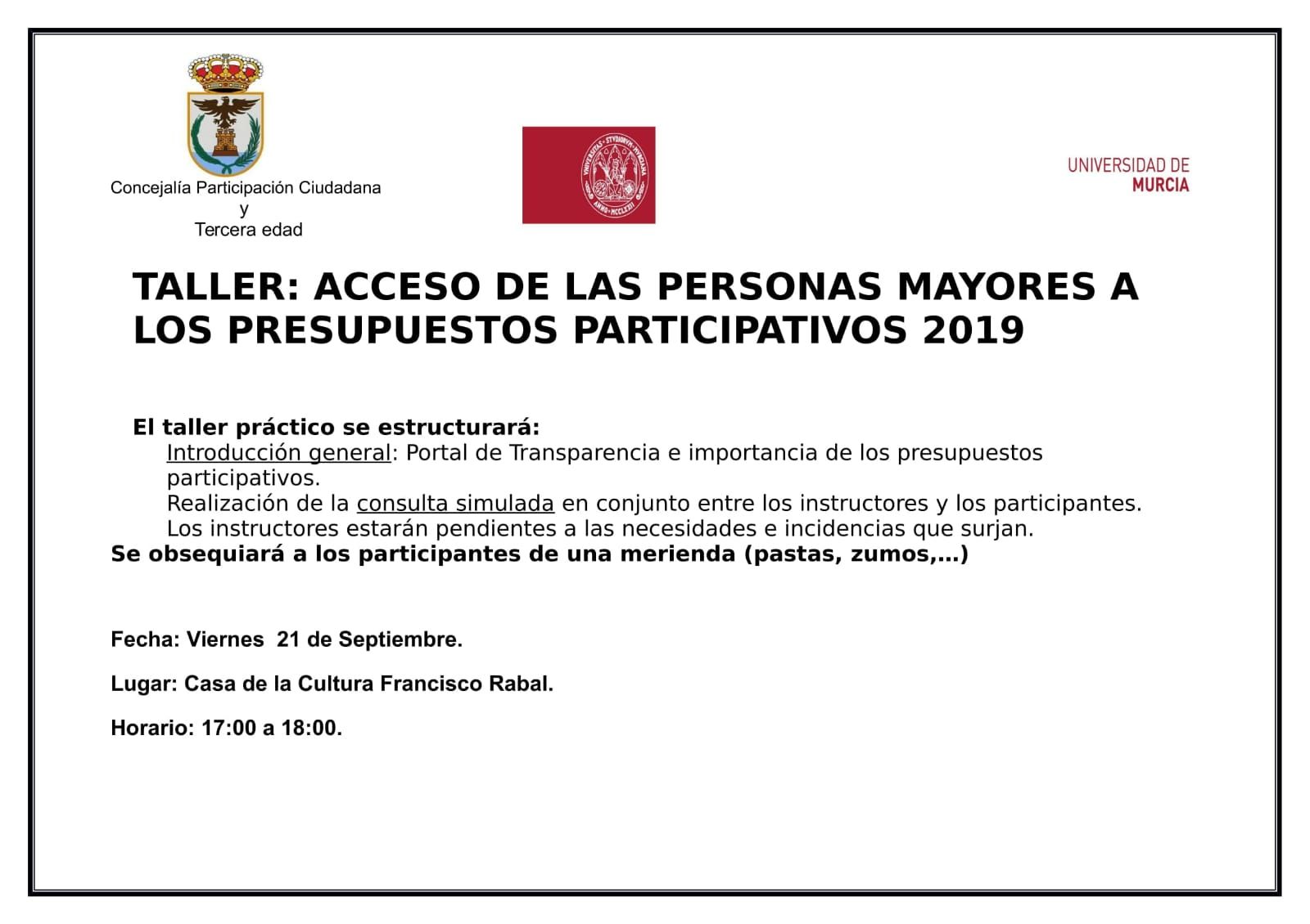 La Casa de la Cultura acogerá mañana un taller para mayores sobre Presupuestos Participativos